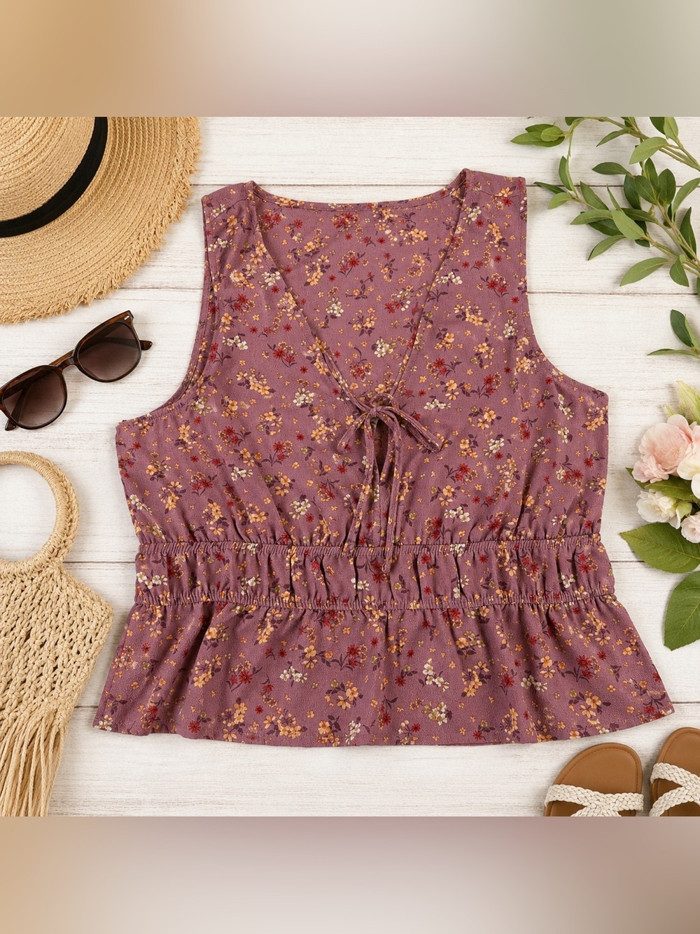Pink Rose Tie-Front Peplum Tank in Lilac Bloom